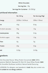 Nutritional information for White Chocolate protein spread, highlighting calories, protein, and serving details.